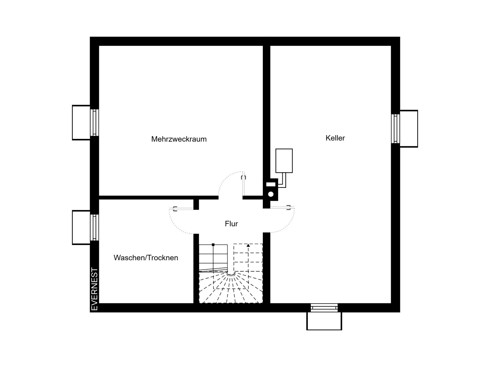 Grundriss mit Flur, Keller, Mehrzweckraum und Waschraum.