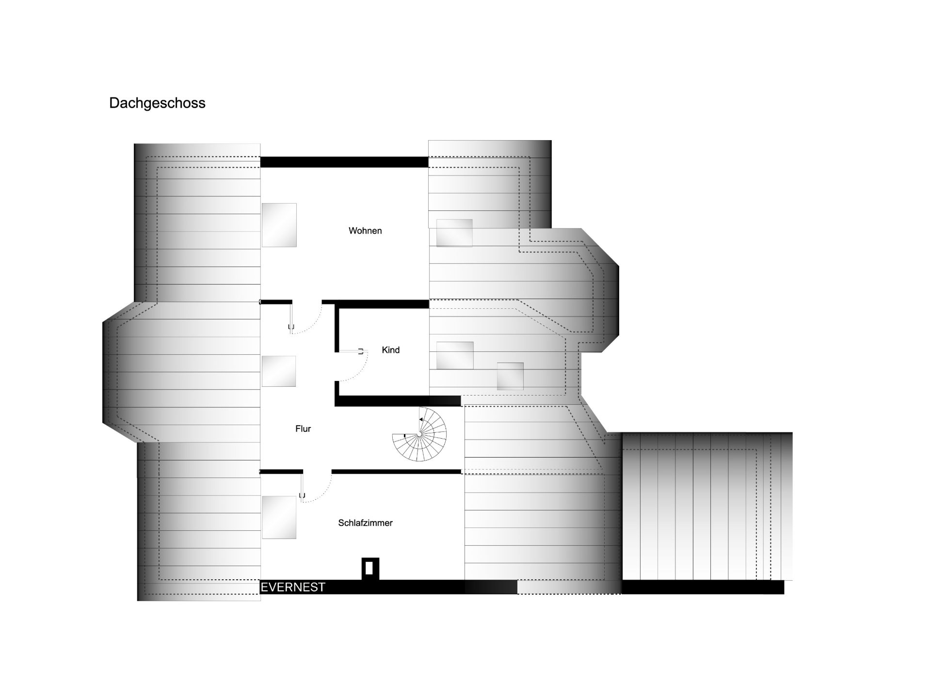 Grundriss des Dachgeschosses mit Wohn-, Kinder- und Schlafzimmer sowie Flur und Treppe.