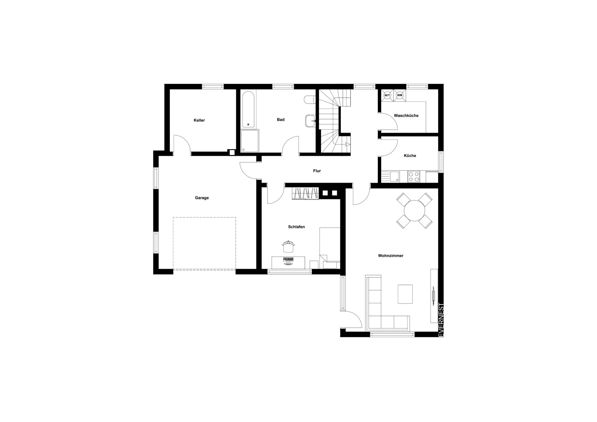 Grundriss eines Wohnhauses mit Garage, Schlafzimmer, Bad, Küche, Wohnzimmer und Keller.