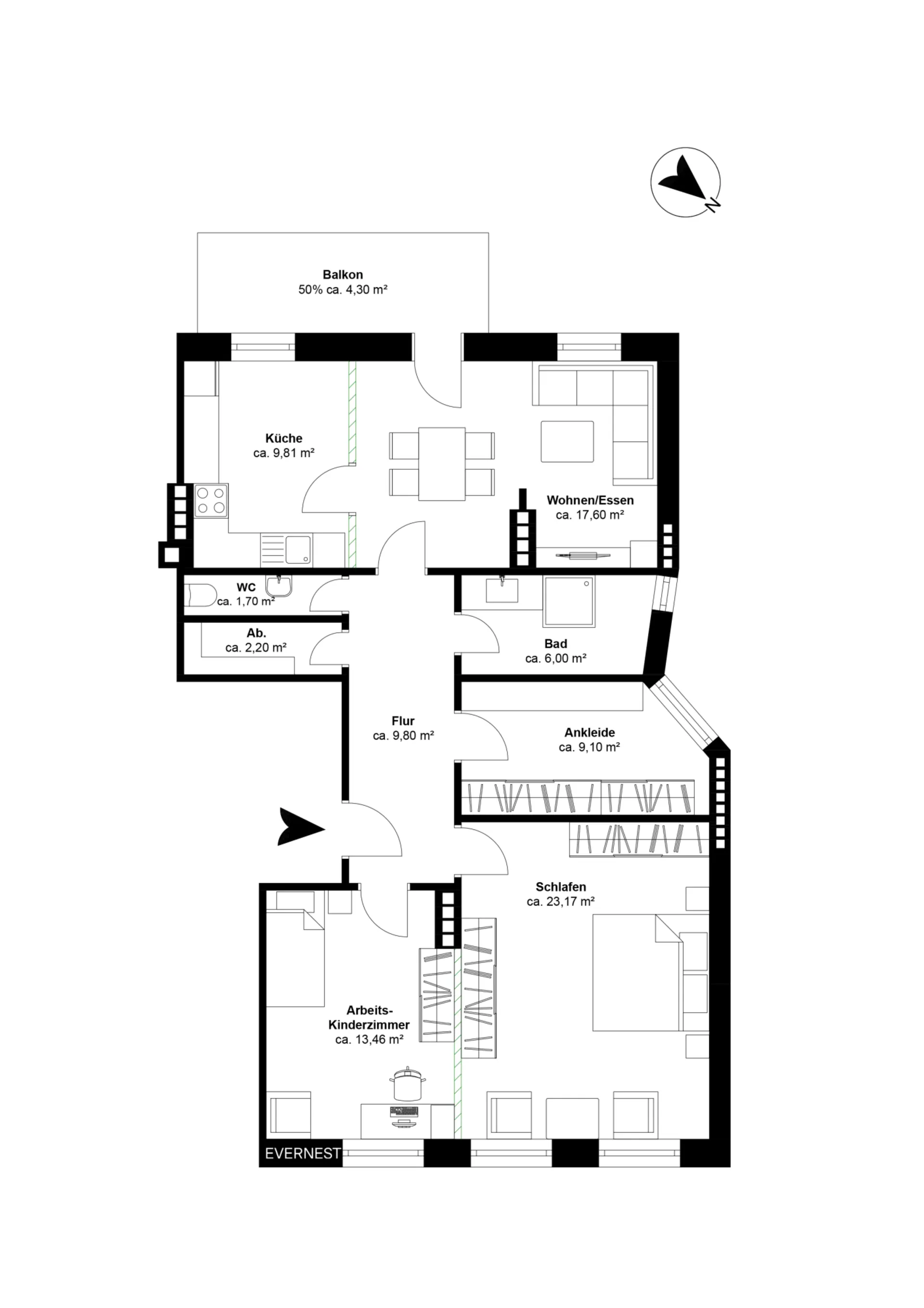 Grundriss einer Wohnung mit Küche, Bad, Wohnzimmer, Schlafzimmer, Arbeitszimmer und Balkon.