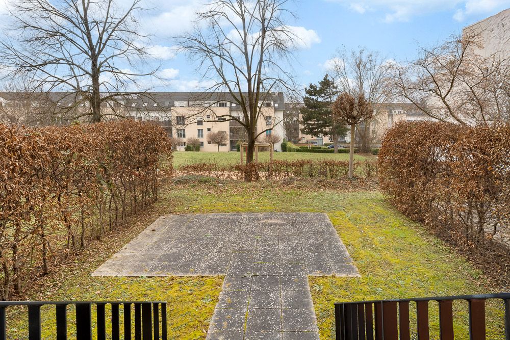 Blick auf einen Garten mit gepflasterter Terrasse, Hecken und einigen Bäumen.