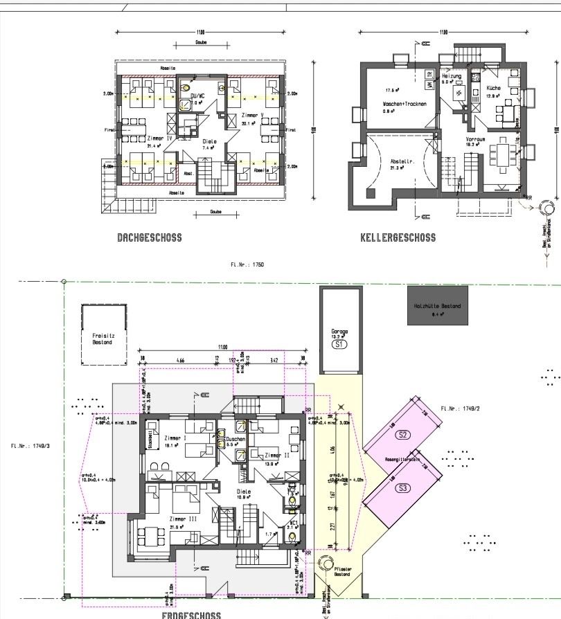 Grundriss eines Wohnhauses mit Dachgeschoss, Erdgeschoss und Kellergeschoss.