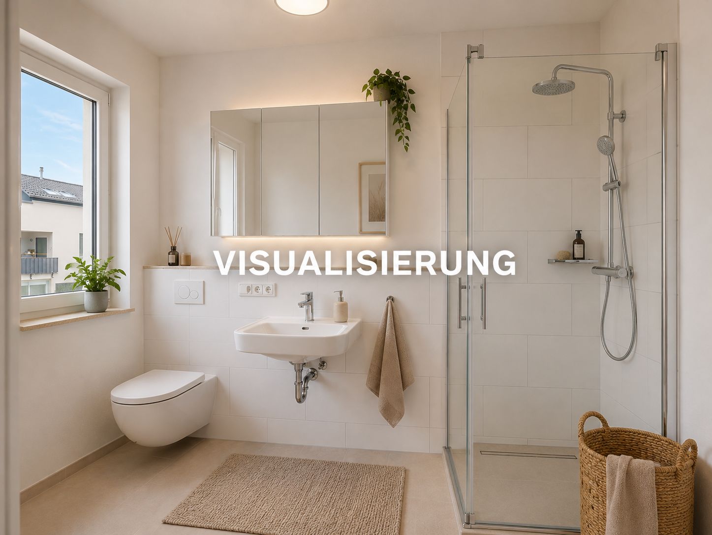 Modernes Badezimmer mit Dusche, Waschbecken, WC, Spiegel und Fenster.