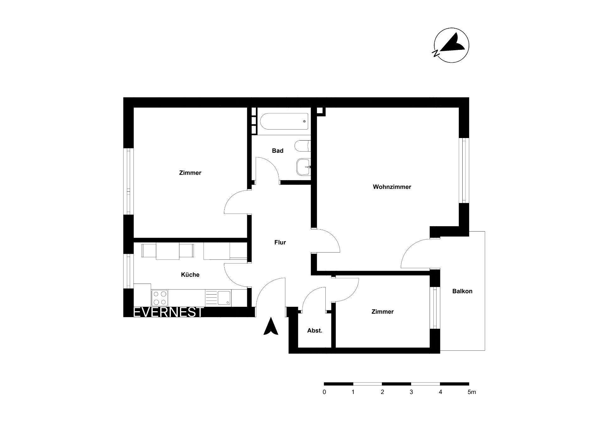 Grundriss einer Wohnung mit Küche, Bad, Flur, Wohnzimmer, zwei Zimmern, Abstellraum und Balkon.