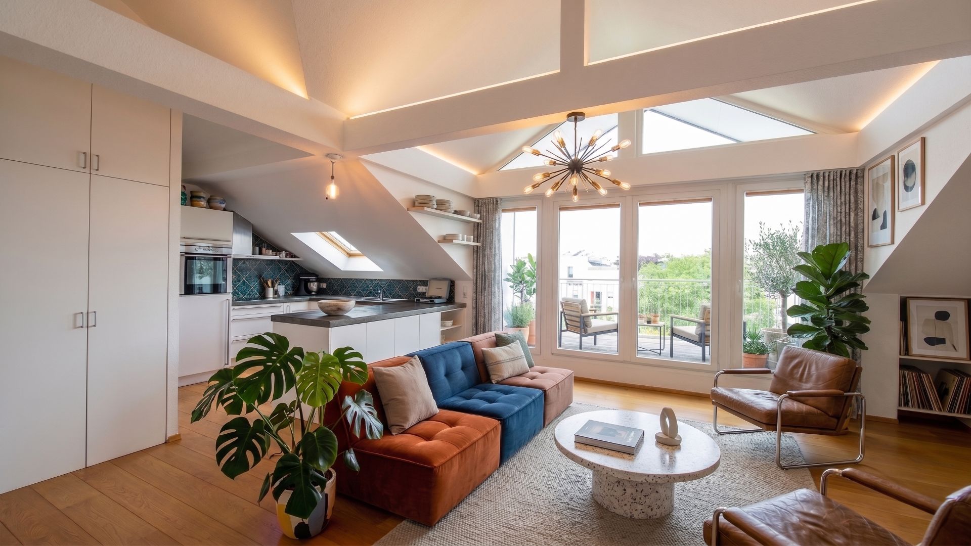 Helles Wohnzimmer mit Sofa, Sesseln, Couchtisch, Pflanzen und Zugang zu einem Balkon.
