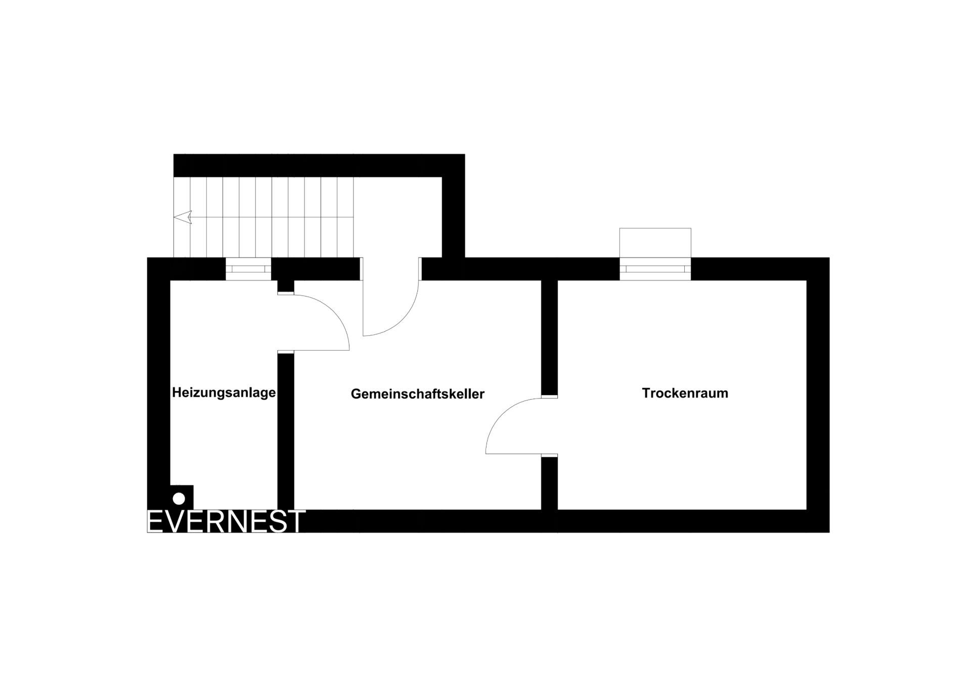 Grundriss eines Kellers mit Heizungsanlage, Gemeinschaftskeller und Trockenraum.