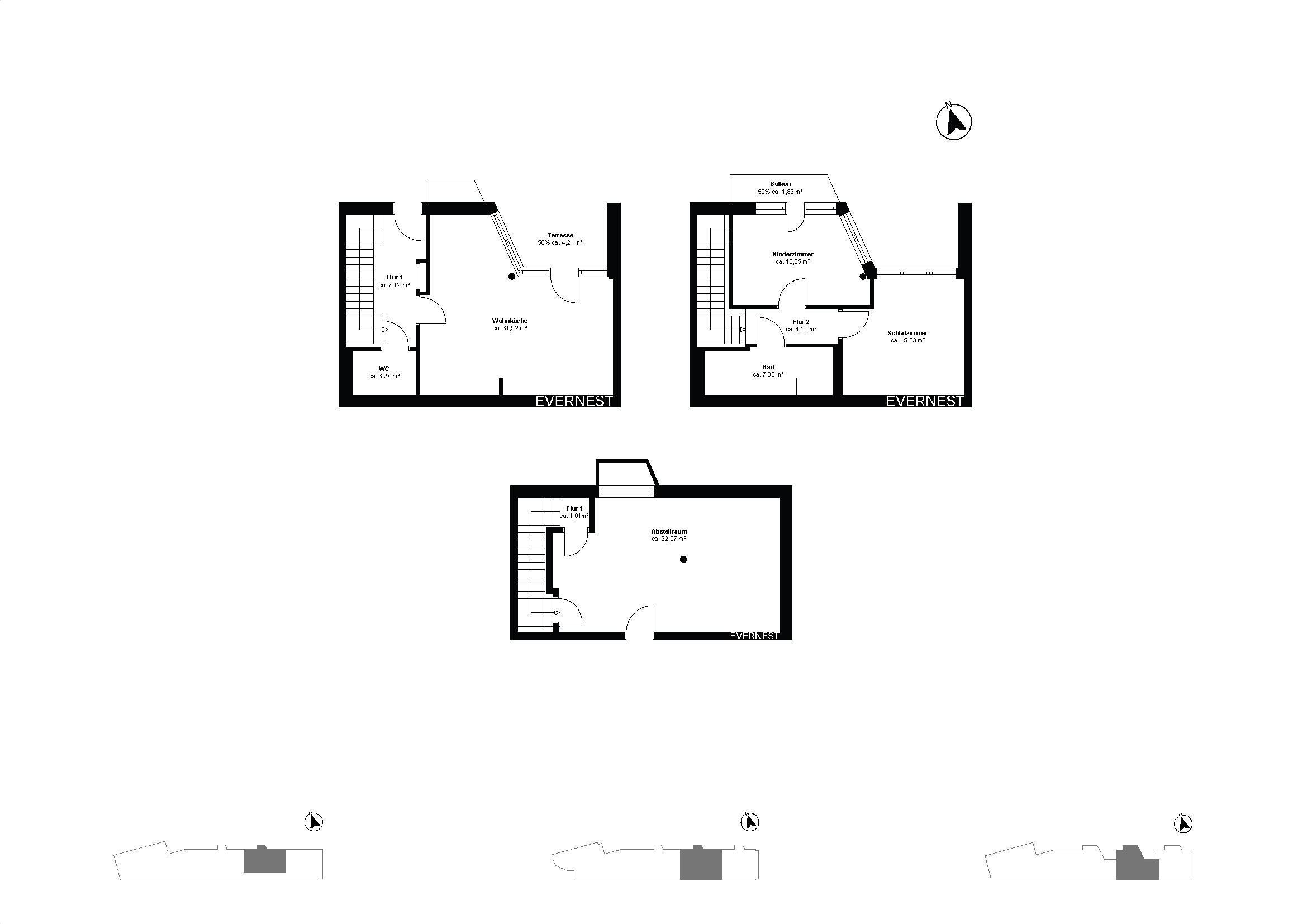 Grundriss eines Wohnhauses mit Wohnküche, Schlafzimmer, Kinderzimmer, Bad, WC und Abstellraum.