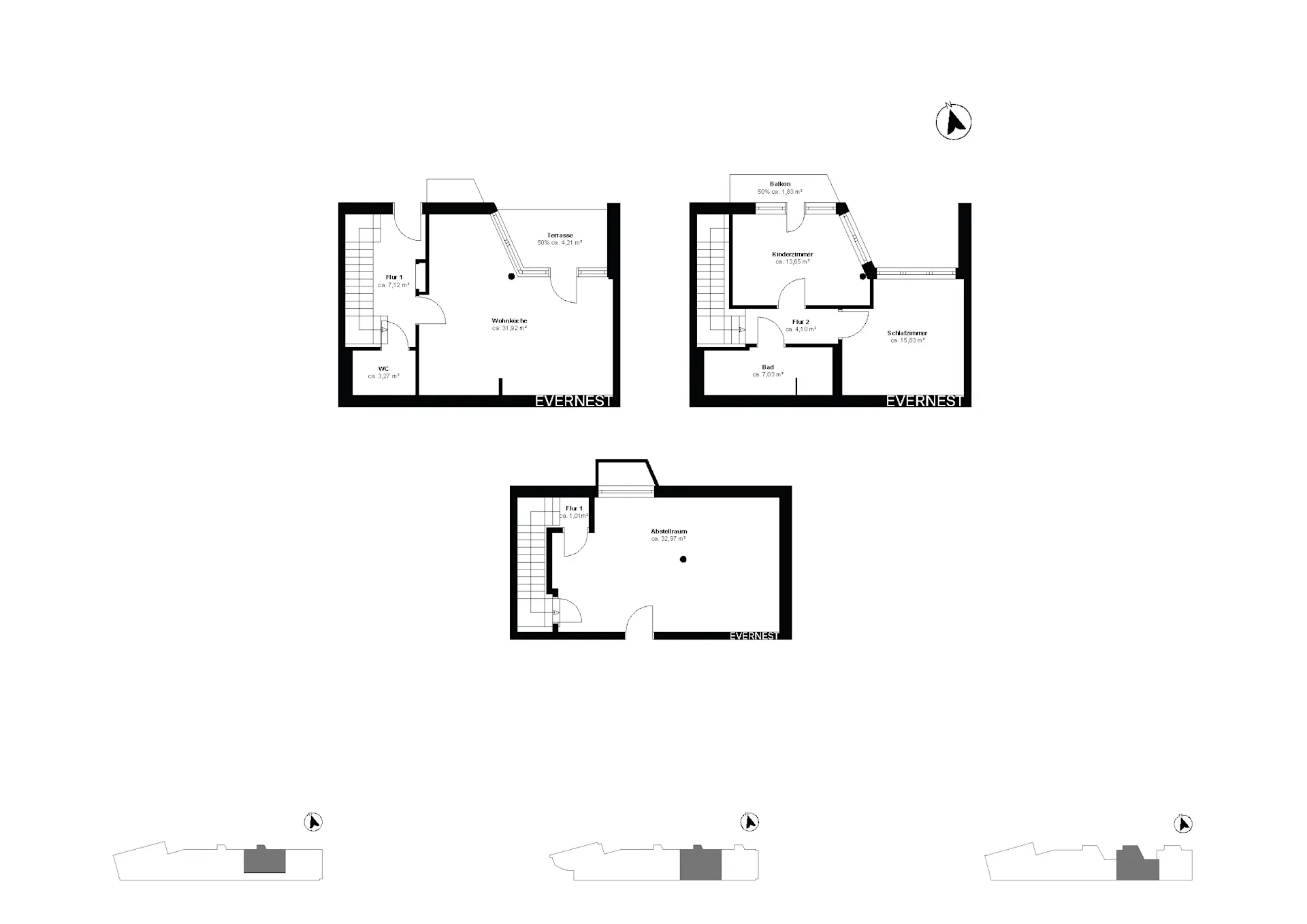 Grundriss eines Wohnhauses mit Wohnküche, Schlafzimmer, Kinderzimmer, Bad, WC und Abstellraum.