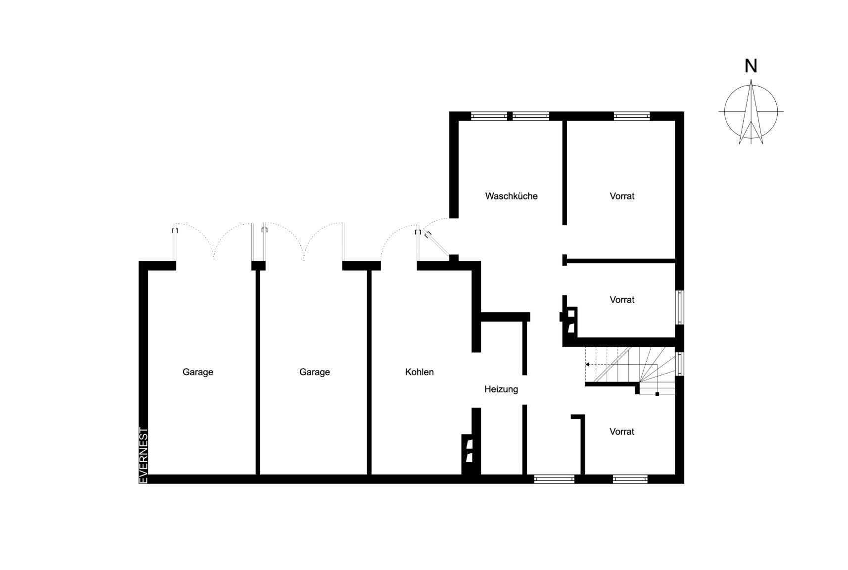 Grundriss mit Garagen, Waschküche, Heizungsraum, Kohlenraum und Vorratsräumen.
