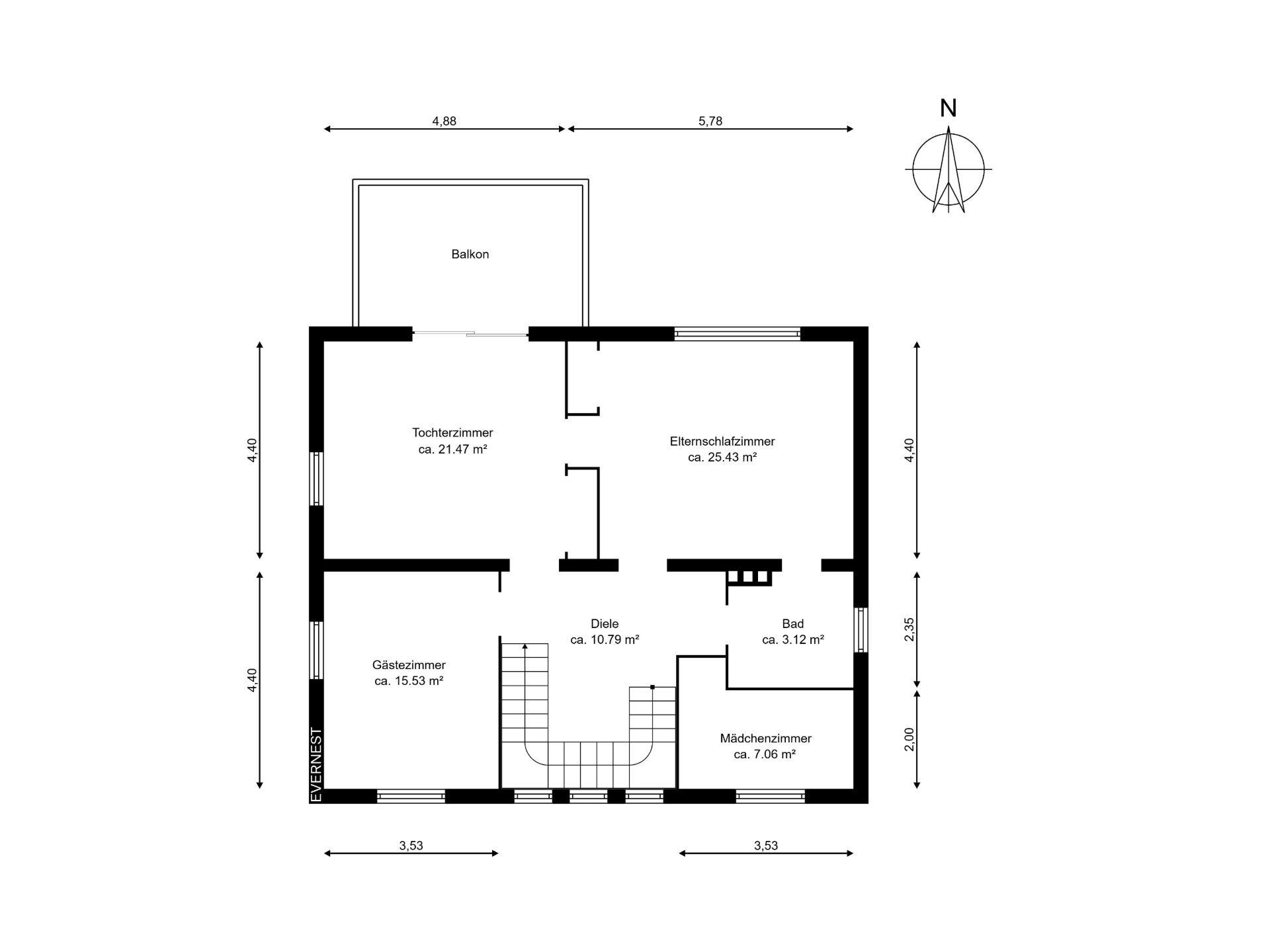 Grundriss eines Hauses mit Balkon, Schlafzimmern, Gästezimmer, Bad und Diele.
