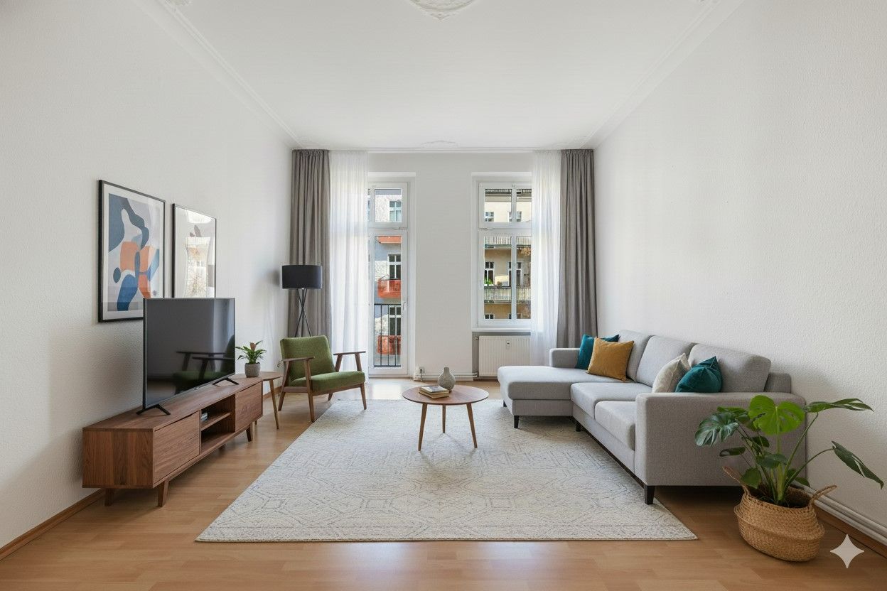 Helles Wohnzimmer mit grauem Sofa, Teppich, Fernseher und großen Fenstern.