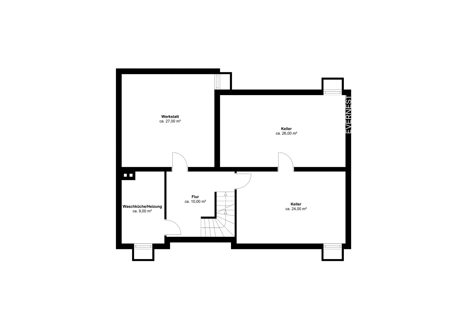 Grundriss eines Kellers mit Werkstatt, Waschküche/Heizung, Flur und zwei Kellerräumen.