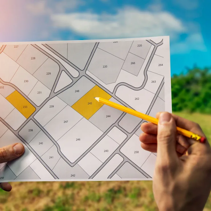 Person hält einen Grundstücksplan mit gelb markierten Parzellen im Freien.