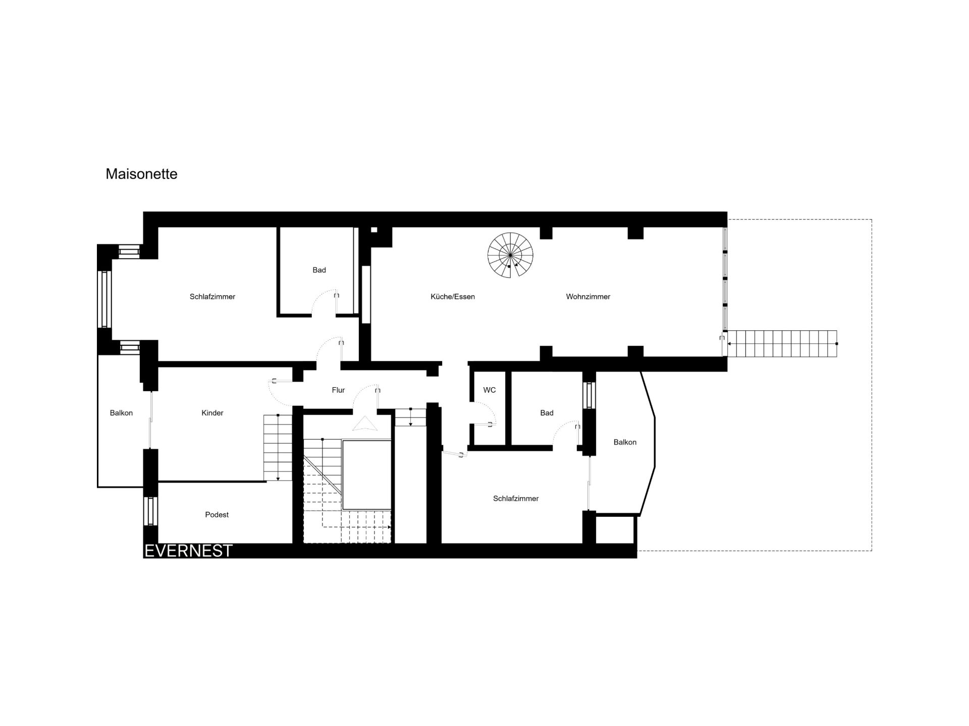 Grundriss einer Wohnung mit Schlafzimmern, Bädern, Wohnzimmer, Küche und mehreren Balkonen.