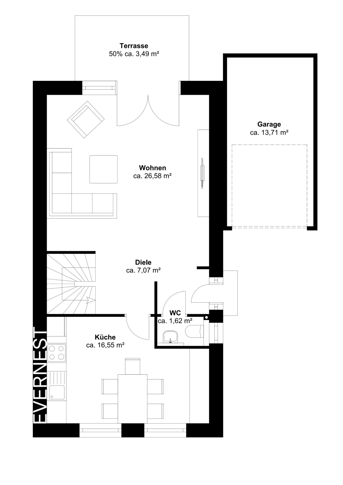 Grundriss mit Wohnzimmer, Küche, WC, Diele, Terrasse und Garage.