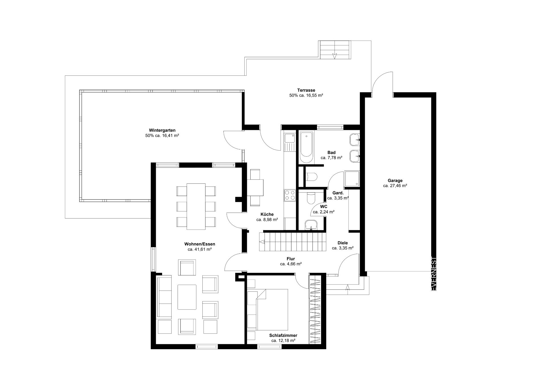 Grundriss eines Hauses mit Wohnzimmer, Küche, Bad, Schlafzimmer, Wintergarten, Terrasse und Garage.