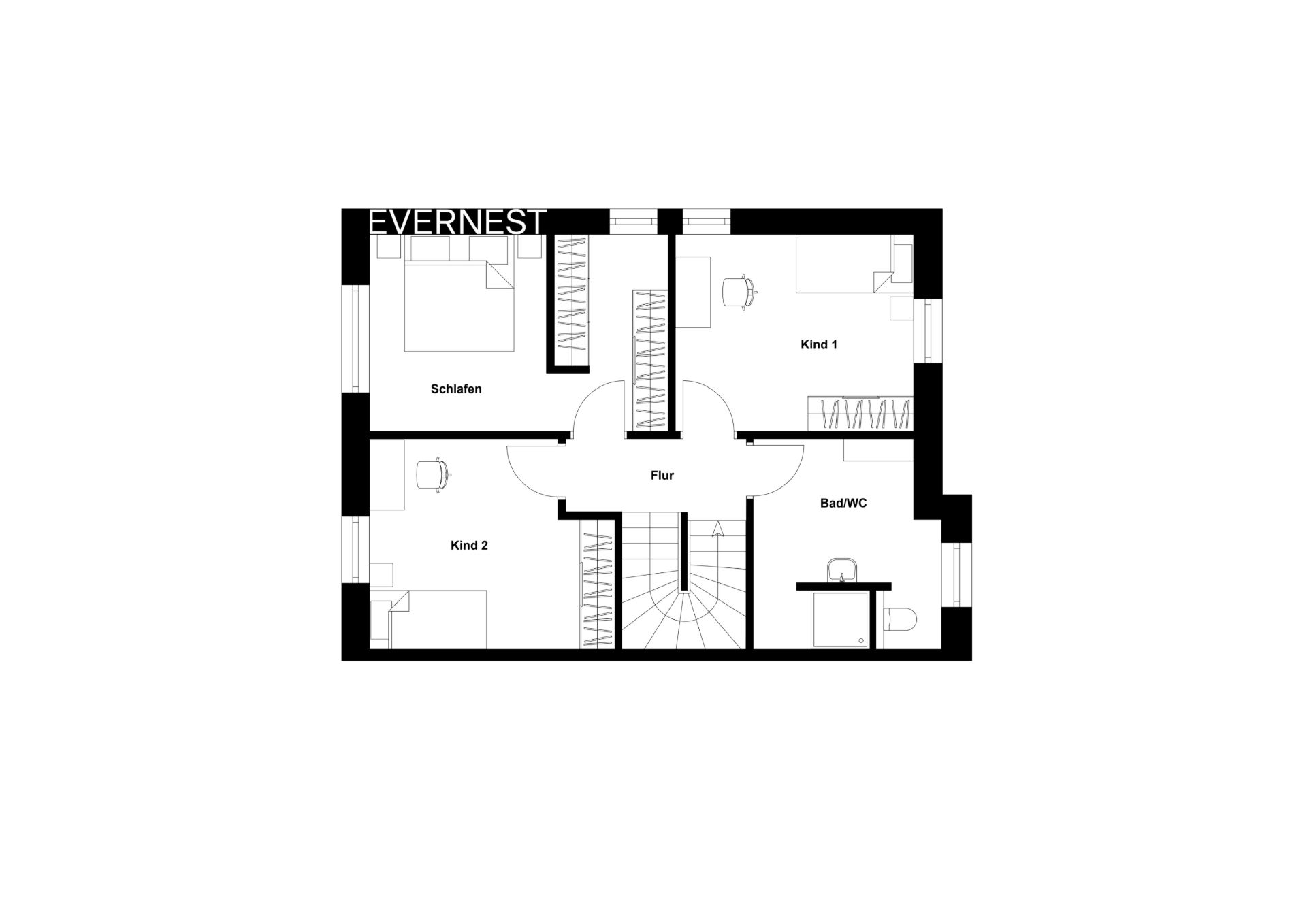 Grundriss mit drei Schlafzimmern, einem Bad und Flur im Obergeschoss.