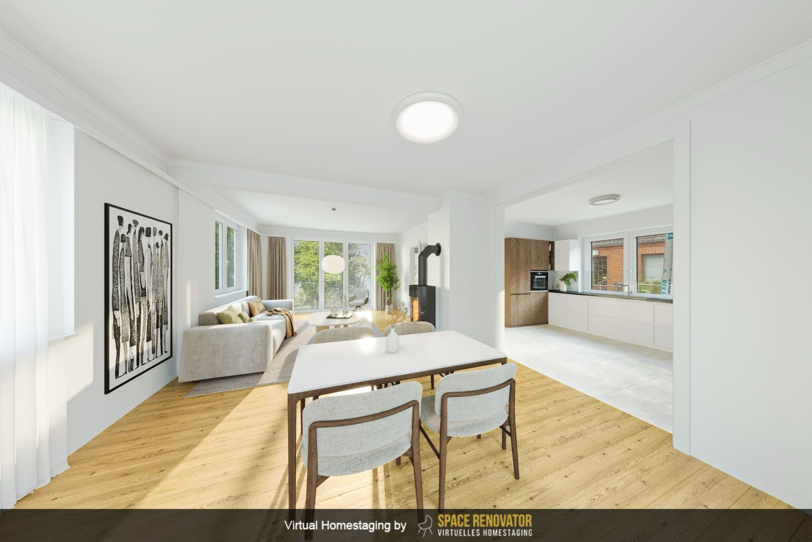 Helles Wohnzimmer mit Essbereich, Holzboden, Sofa, Esstisch und offener Küche.