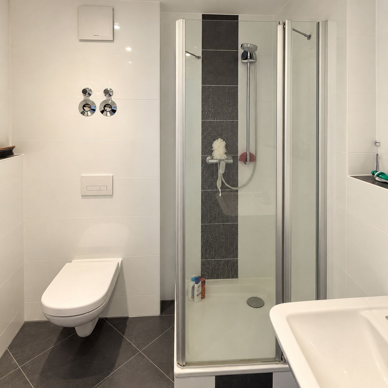 Modernes Badezimmer mit Dusche, Wandtoilette und Waschbecken.