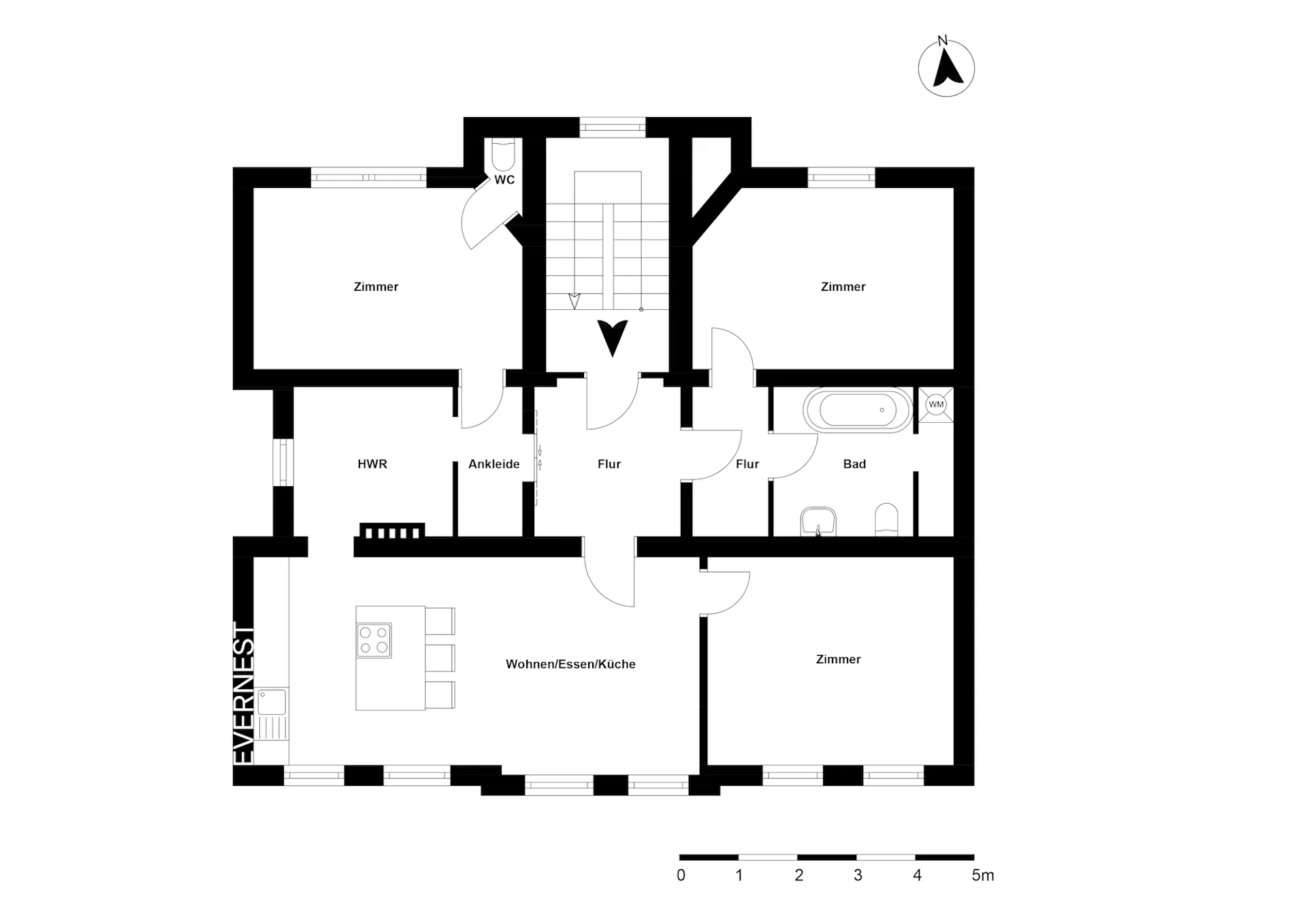 Grundriss einer Wohnung mit drei Zimmern, Bad, WC und offenem Wohnbereich mit Küche.