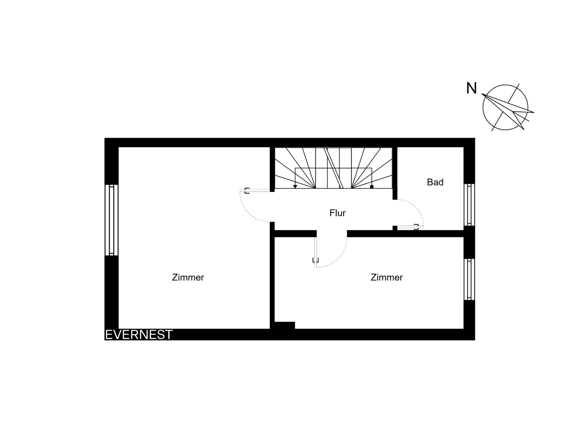 Grundriss mit zwei Zimmern, einem Bad und einem Flur, Treppe oben in der Mitte.