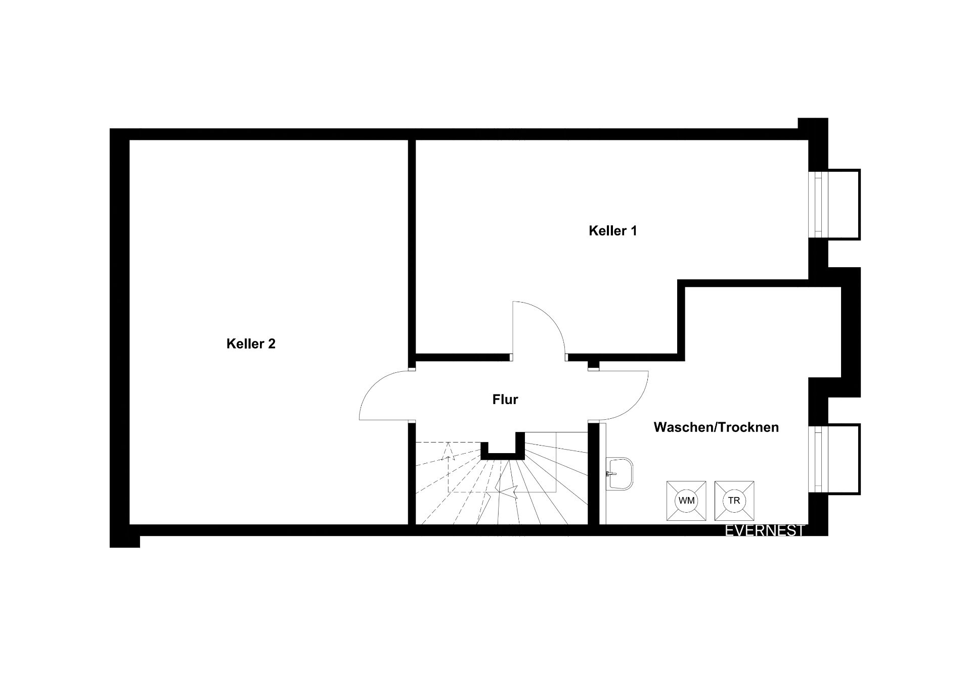 Grundriss eines Kellers mit zwei Kellerräumen, Flur und Wasch-/Trockenraum.