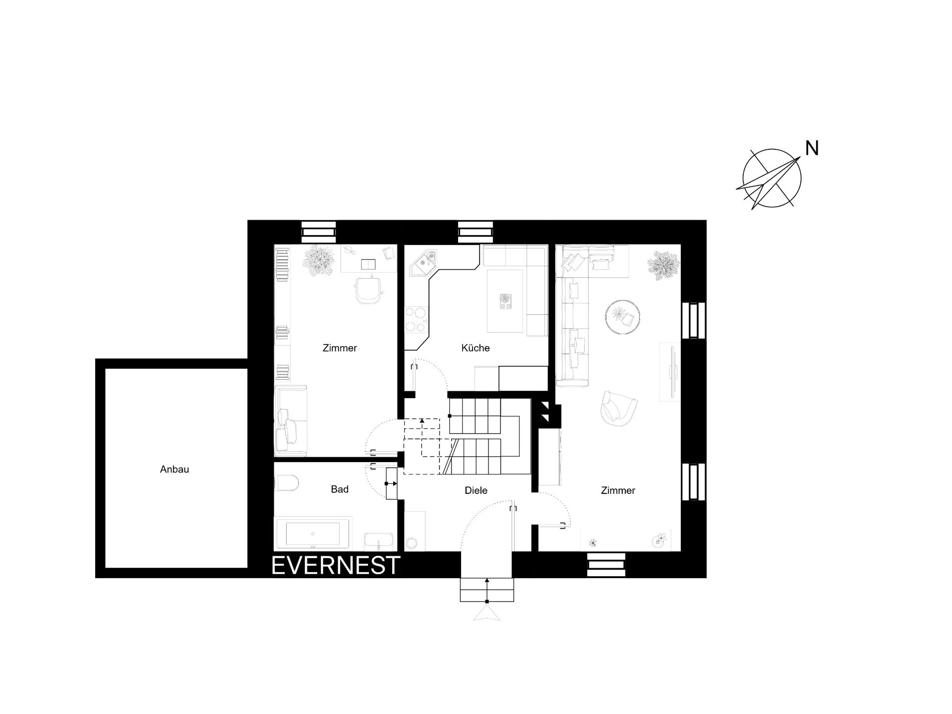 Grundriss mit zwei Zimmern, Küche, Bad, Diele und Anbau, Norden ist markiert.