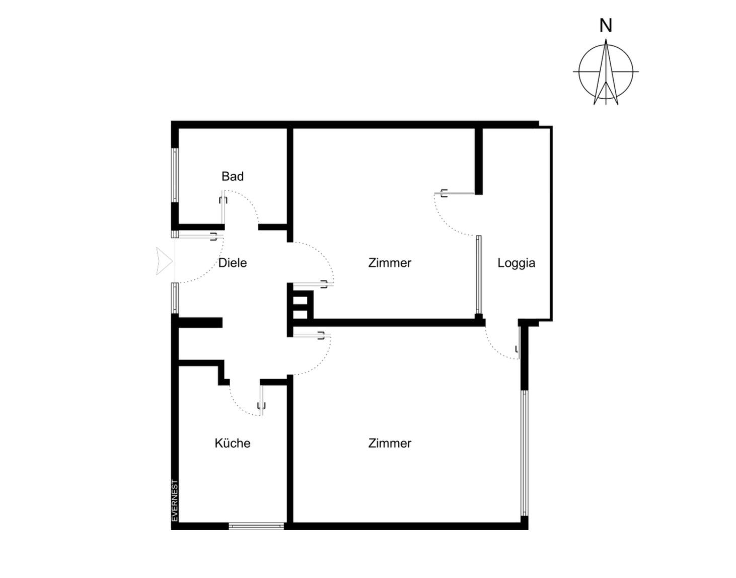 Grundriss mit Küche, Bad, Diele, zwei Zimmern und Loggia.