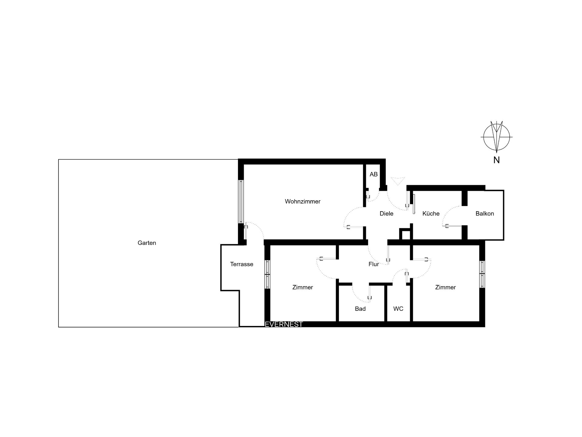 Grundriss einer Wohnung mit Wohnzimmer, zwei Zimmern, Küche, Bad, WC, Terrasse, Balkon und Garten.