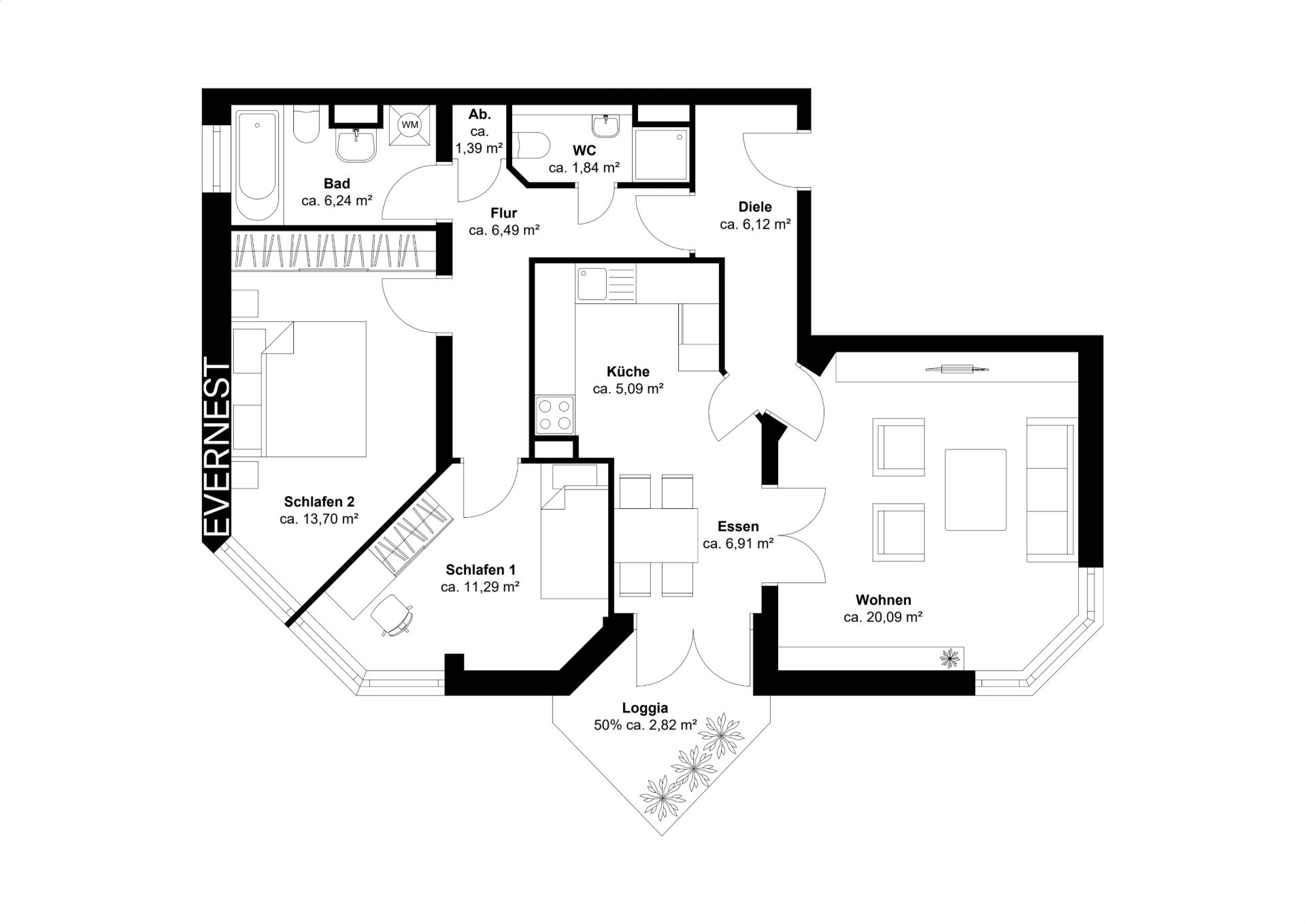 Grundriss einer Wohnung mit zwei Schlafzimmern, Bad, Küche, Wohnzimmer, Essbereich und Loggia.