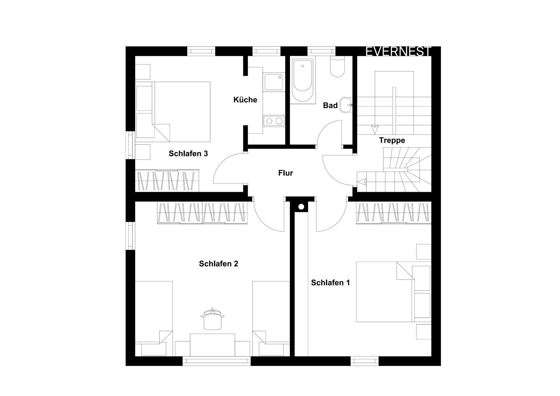 Grundriss einer Wohnung mit drei Schlafzimmern, Küche, Bad, Flur und Treppe.