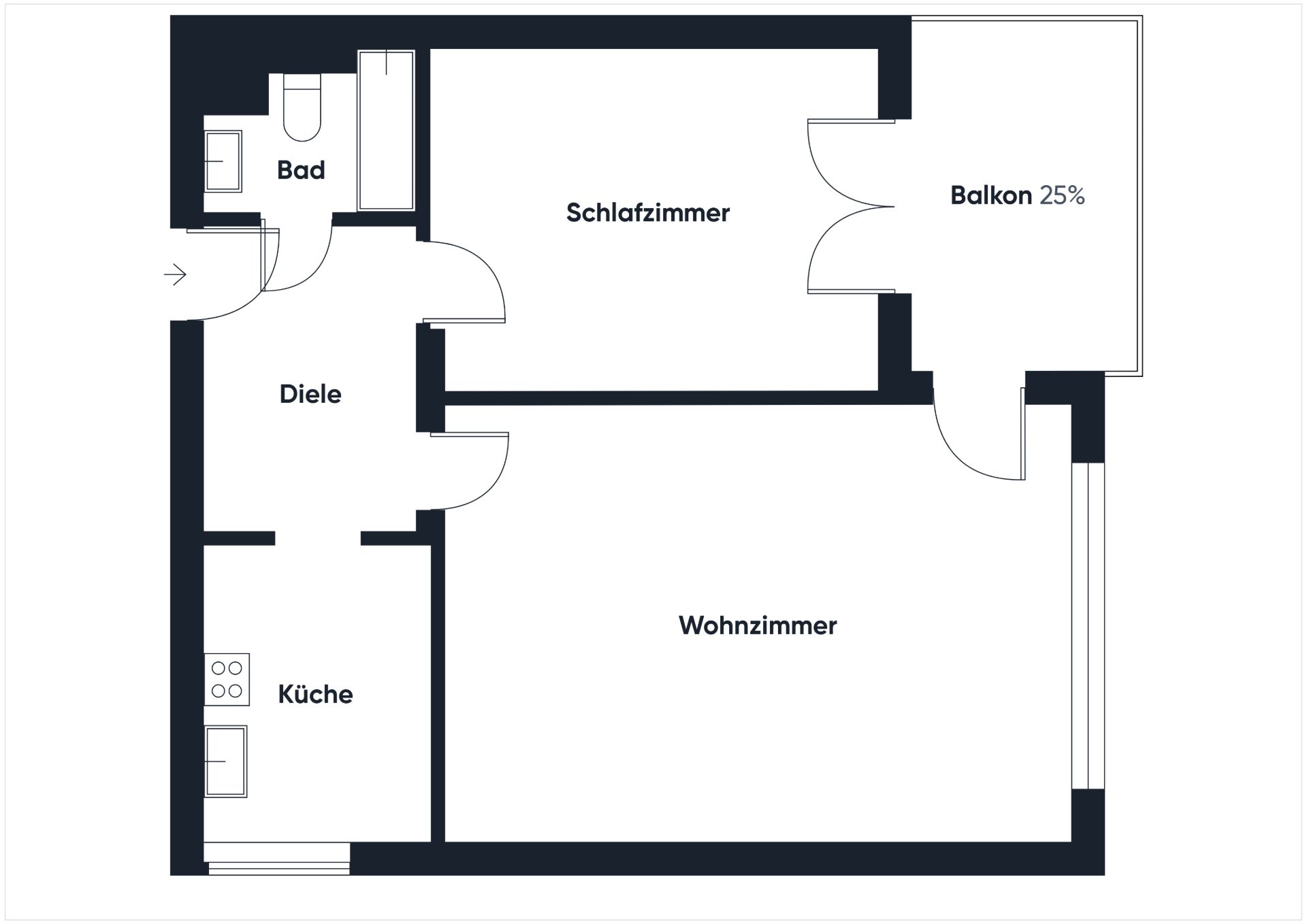 Grundriss einer Wohnung mit Wohnzimmer, Schlafzimmer, Küche, Bad, Diele und Balkon.