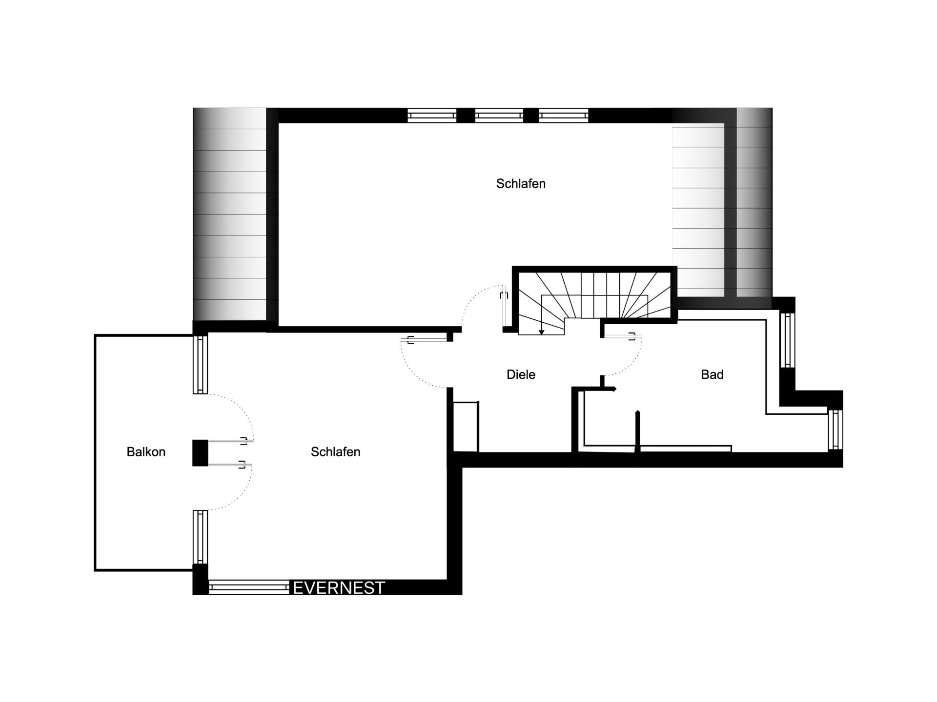 Grundriss mit zwei Schlafzimmern, Balkon, Flur und Bad.