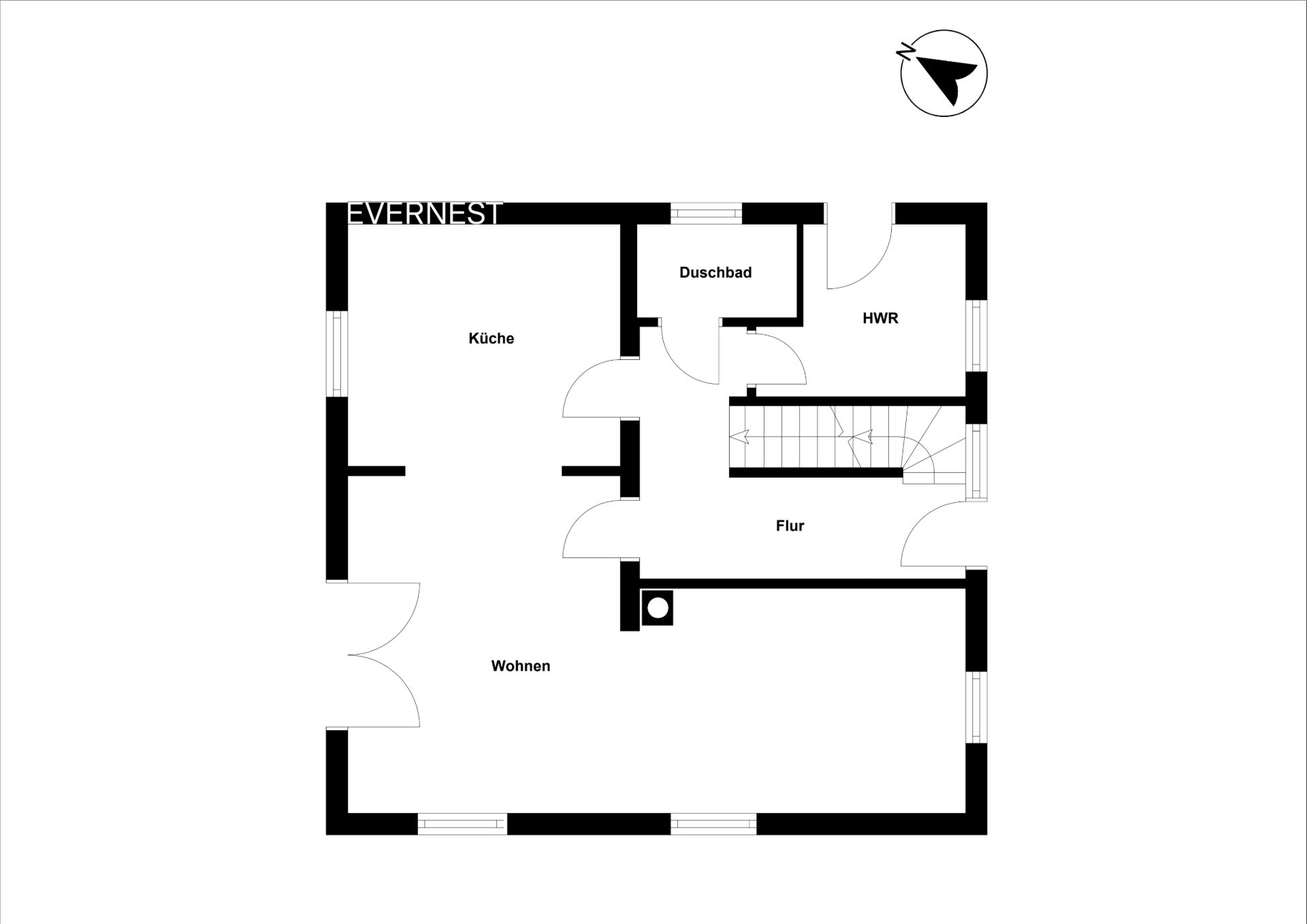 Grundriss einer Wohnung mit Küche, Duschbad, Flur, HWR und Wohnzimmer.
