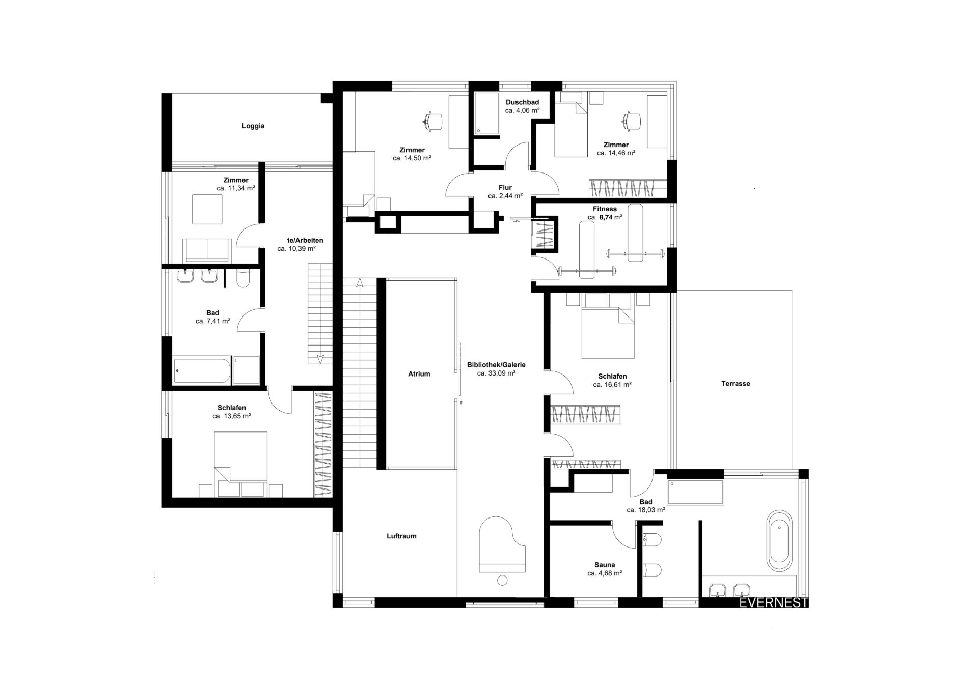 Grundriss eines Wohnhauses mit Schlafzimmern, Bädern, Bibliothek, Sauna, Terrasse und Loggia.