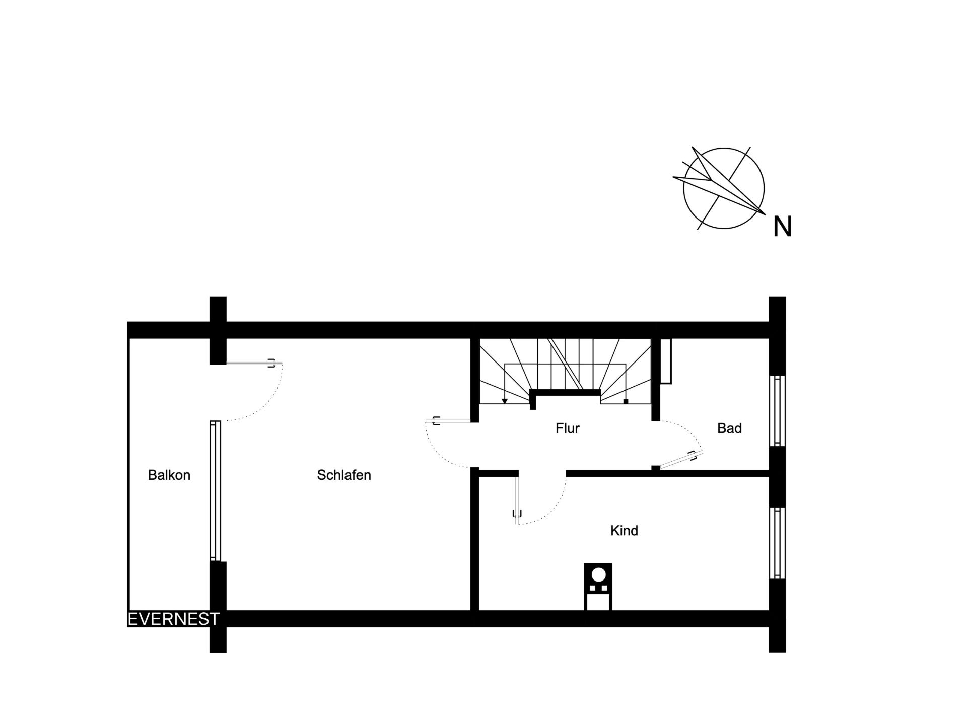 Grundriss mit Schlafzimmer, Kinderzimmer, Bad, Flur und Balkon.