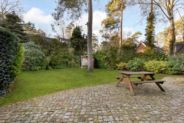Gepflasterte Terrasse mit Picknicktisch, dahinter Rasenfläche und Bäume im Garten.