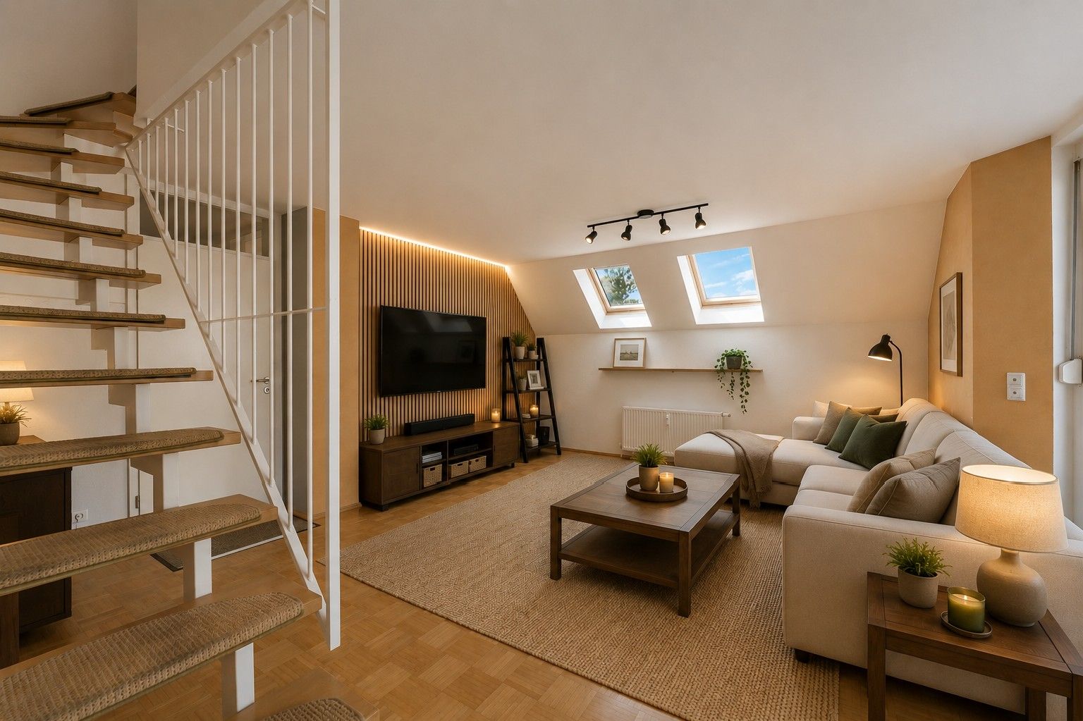 Modernes Wohnzimmer mit Sofa, Couchtisch, Fernseher und Treppe, zwei Dachfenster sorgen für viel Tageslicht.