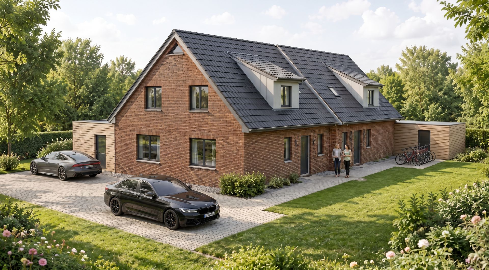 Backsteinhaus mit Satteldach, zwei Autos in der Einfahrt, gepflegter Garten, Menschen am Eingang.