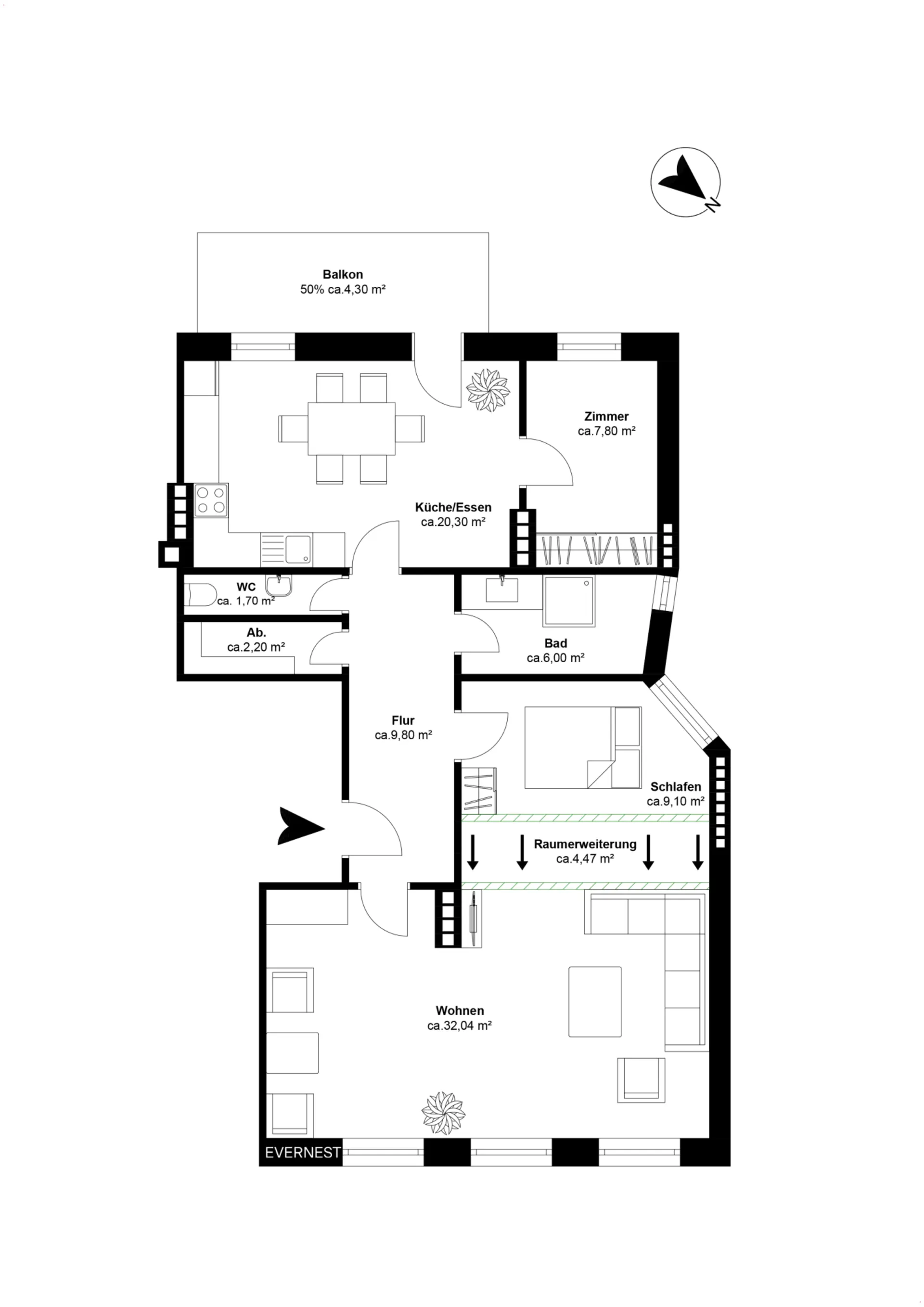 Grundriss einer Wohnung mit Wohn-, Schlaf-, Essbereich, Bad, WC, Abstellraum und Balkon.