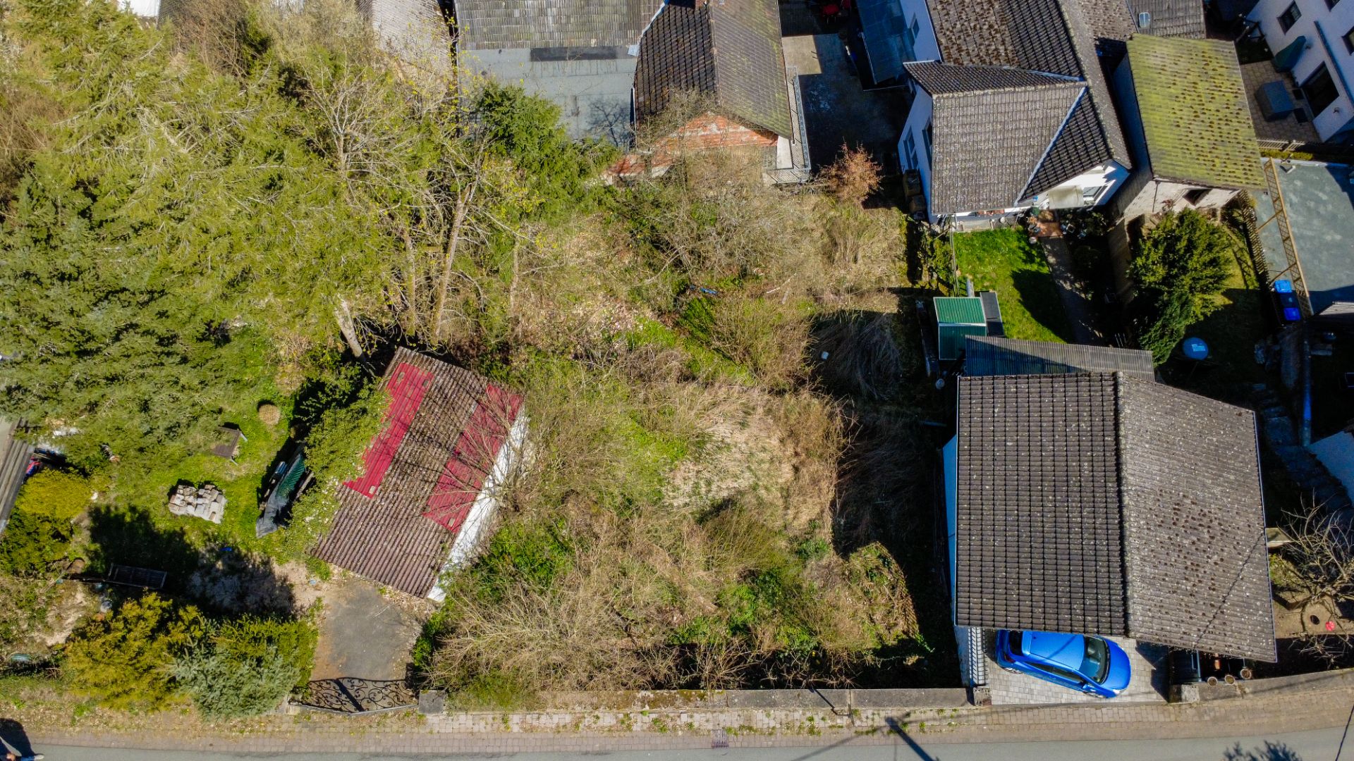 Luftbild eines Grundstücks mit überwachsener Fläche, Garage und Haus mit Auto vor dem Haus.