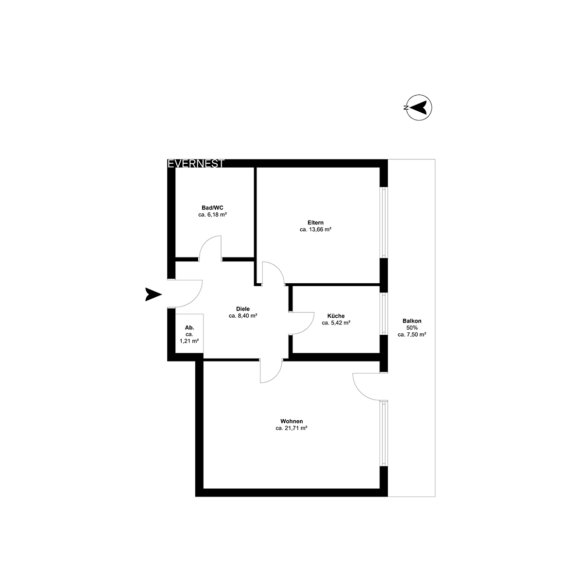 Grundriss einer Wohnung mit Bad, Schlafzimmer, Küche, Abstellraum, Wohnzimmer, Diele und Balkon.
