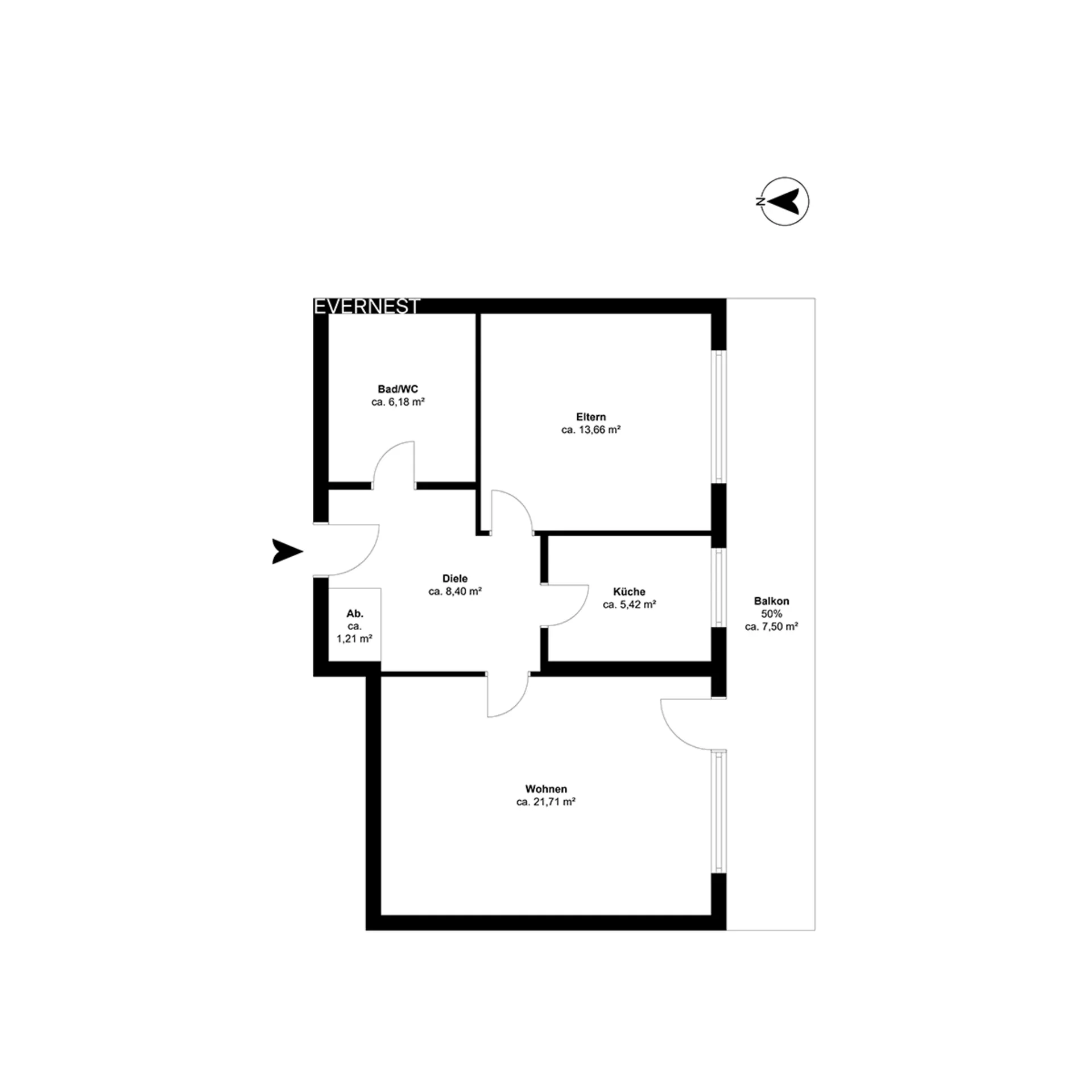 Grundriss einer Wohnung mit Bad, Schlafzimmer, Küche, Abstellraum, Wohnzimmer, Diele und Balkon.