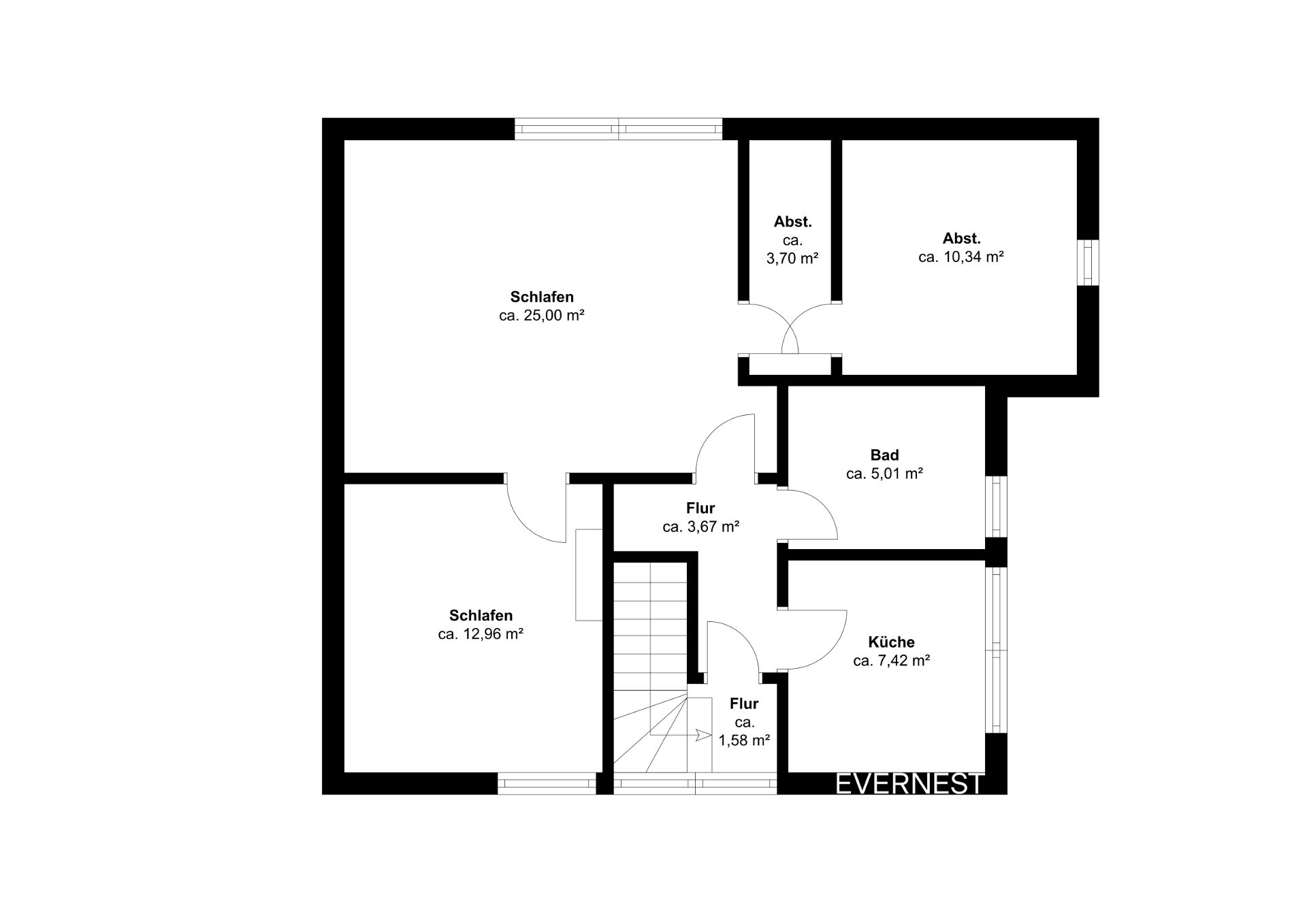 Grundriss mit zwei Schlafzimmern, zwei Abstellräumen, Bad, Küche und Fluren.
