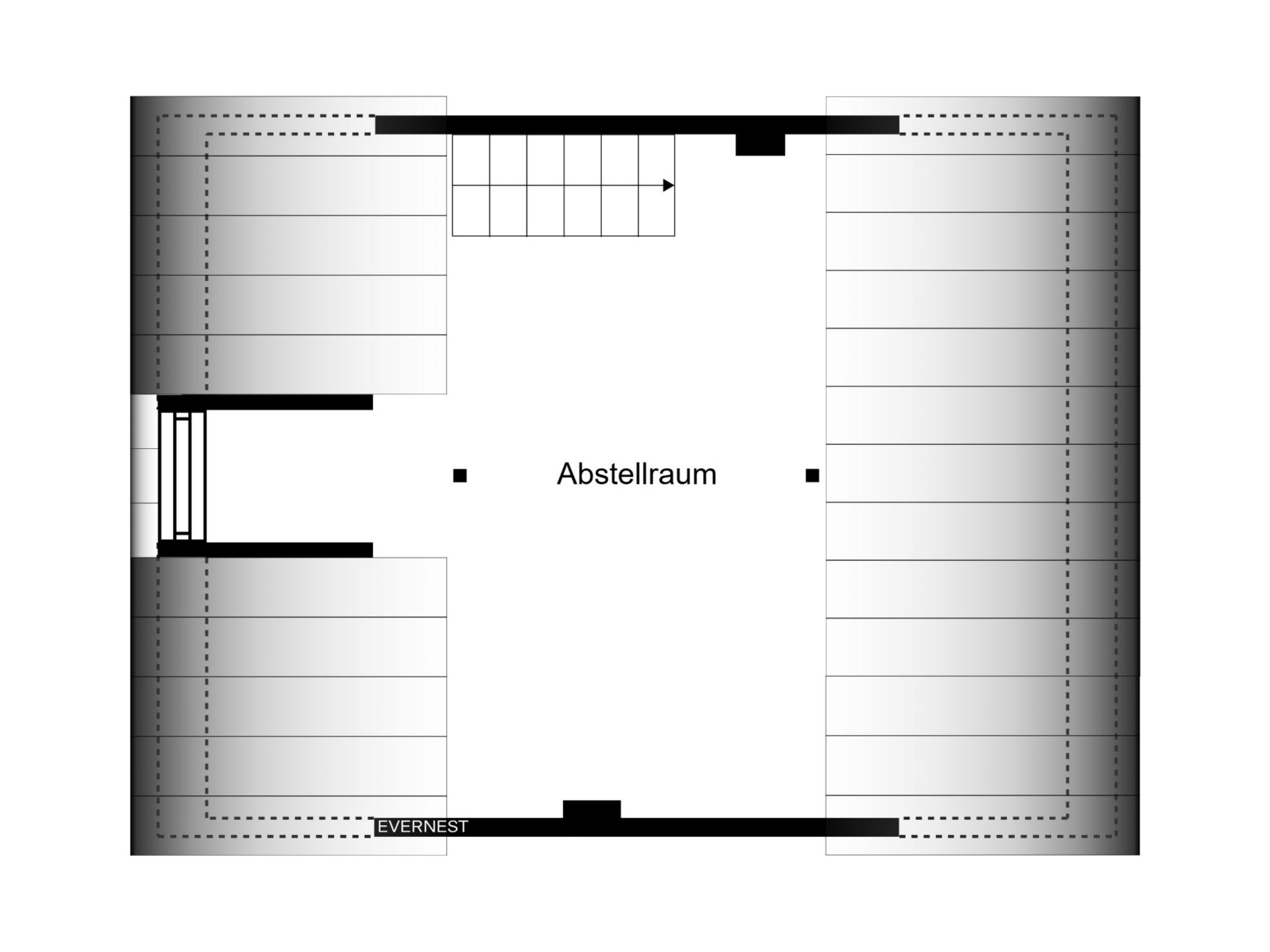 Grundriss mit großem Abstellraum in der Mitte und Treppe oben.