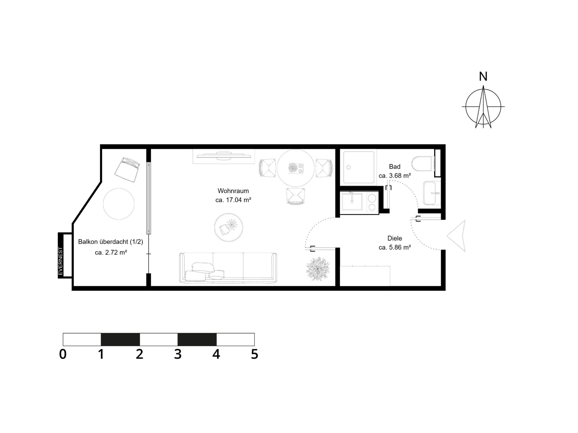 Grundriss einer Wohnung mit Wohnraum, Bad, Diele und überdachtem Balkon.