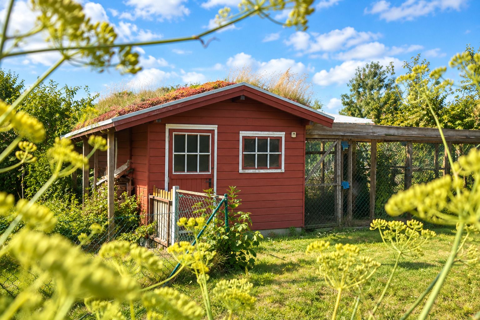 Kleines rotes Holzhaus mit begrüntem Dach im Garten, von Pflanzen und Blumen umgeben.