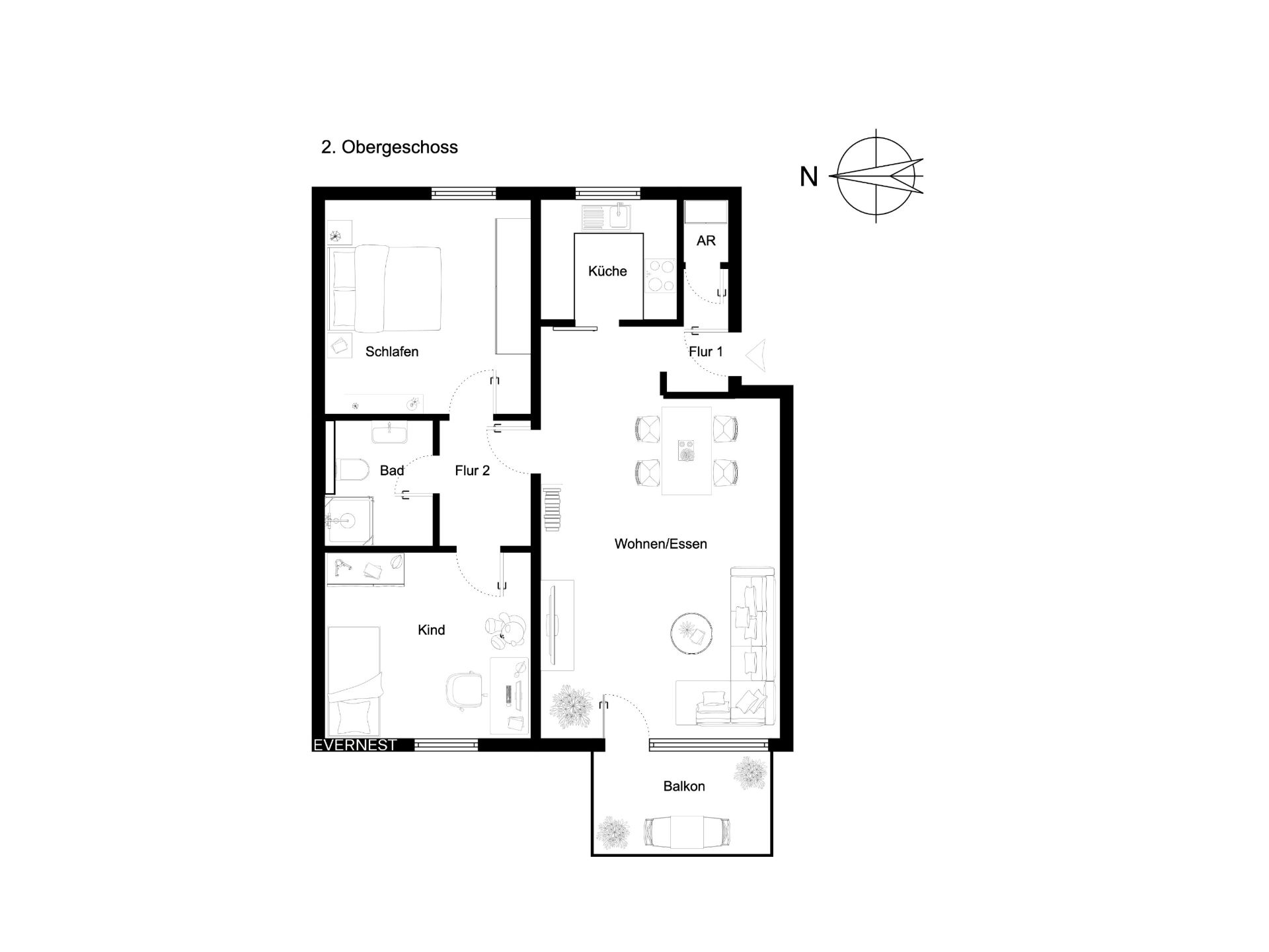 Grundriss einer Wohnung mit Schlafzimmer, Kinderzimmer, Bad, Küche, Wohn-/Essbereich und Balkon.