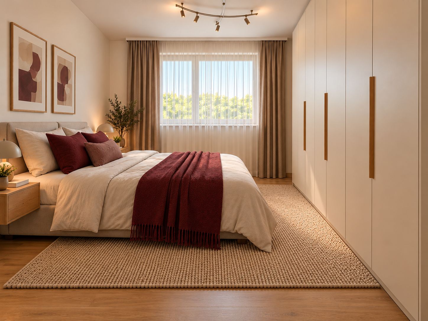 Modernes Schlafzimmer mit großem Bett, roter Decke, Kleiderschrank und Fenster mit Vorhängen.