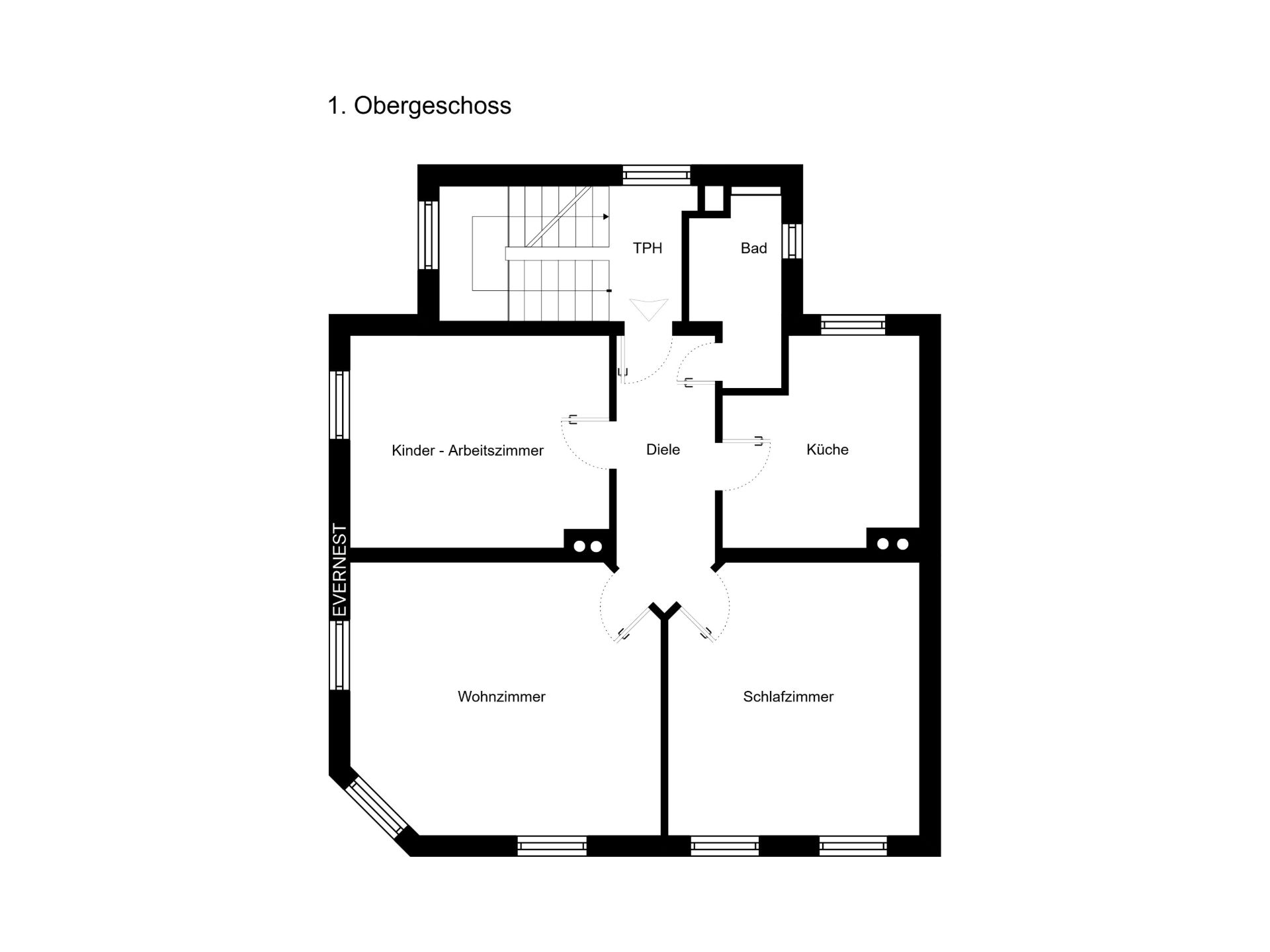 Grundriss des 1. Obergeschosses mit Wohn-, Schlaf-, Kinder-, Arbeitszimmer, Küche und Bad.